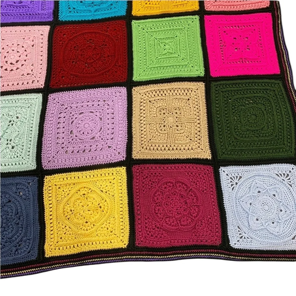 Vintage Granny Afghan Patch Crochet Knit Rainbow Throw Blanket 66” Square